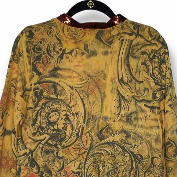 Daytrip Thin Knit Open Cardigan Sweater Size L Yellow Sequin Collar Studded - Picture 6 of 8